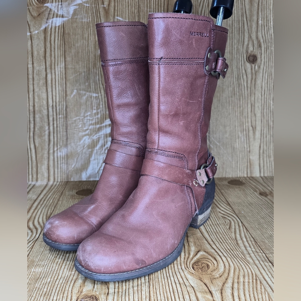 Merrell Shiloh Peak Leather Harness Boot Buckle Brown‎ 7.5